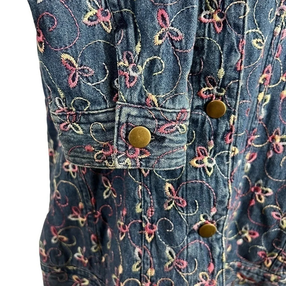 Leslie Fay Denim Shacket Floral Button Up Colorful Embroidery 100% Cotton Collar - Picture 6 of 13